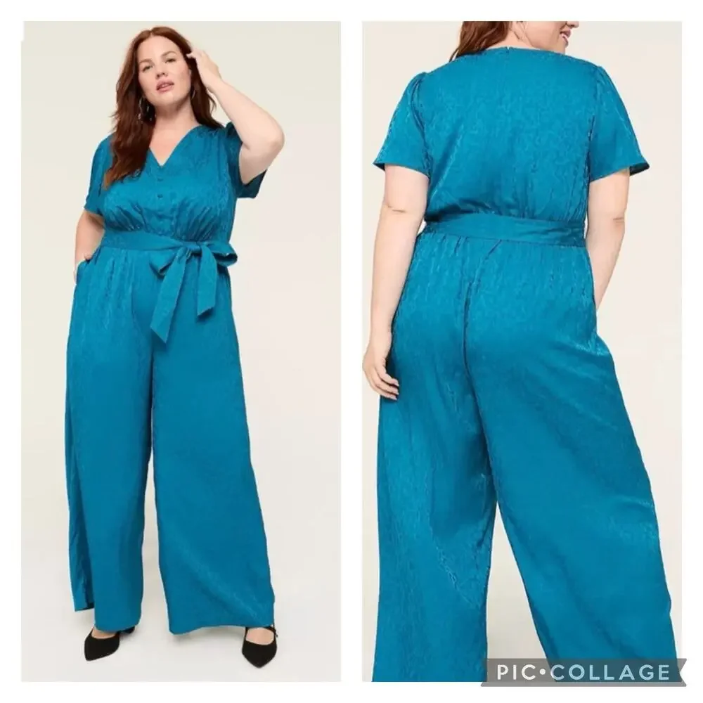 Lane Bryant Teal Jacquard Wide Leg Jumpsuit NEW Plus Size 20